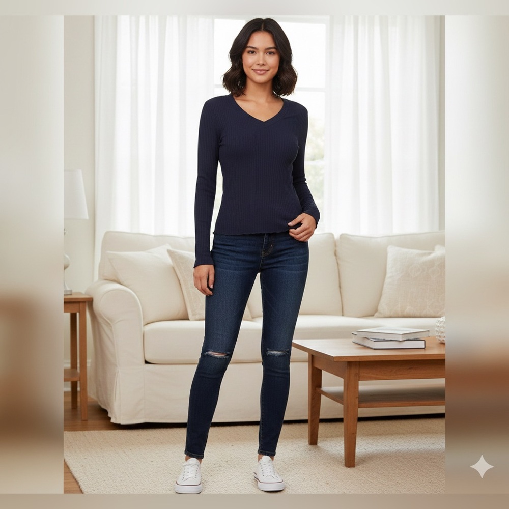 SHEIN Women's Deep Blue Long Sleeve V-Neck Top